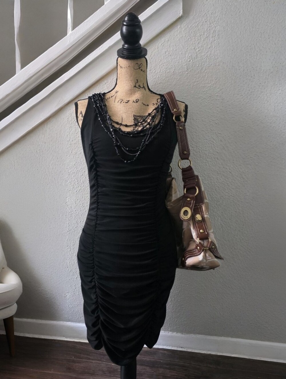 Cache black beaded ruched bodycon dress Y2k 2000s